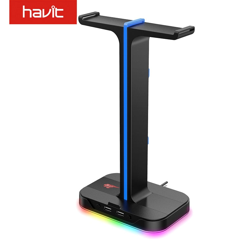 Support de casque Havit RGB avec ports AUX 3,5 mm et 2 ports USB, support de casque pour gamers Gaming PC Accessories Desk