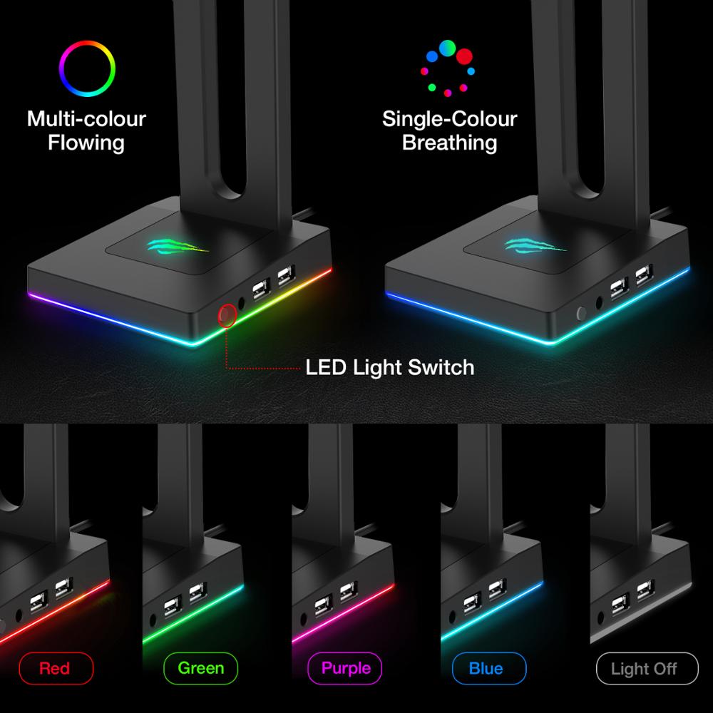 Support de casque Havit RGB avec ports AUX 3,5 mm et 2 ports USB, support de casque pour gamers Gaming PC Accessories Desk