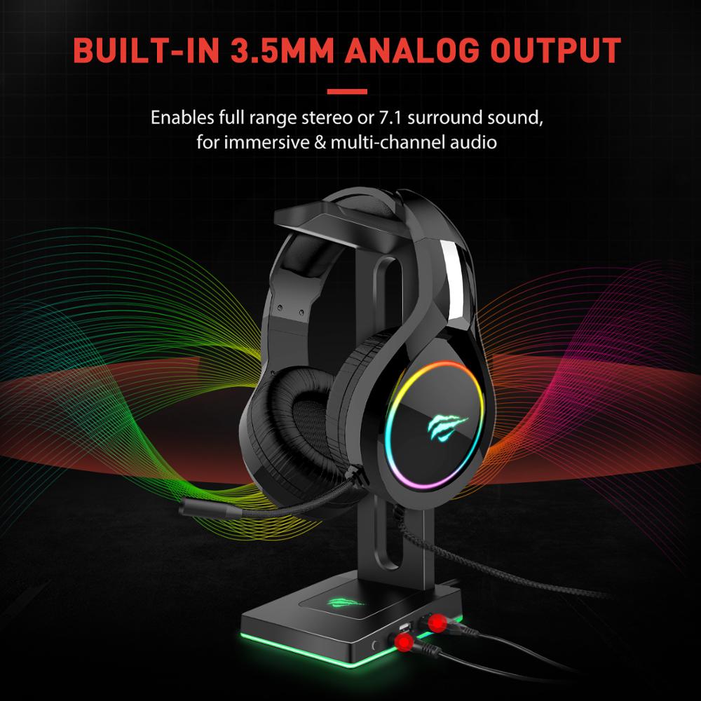 Support de casque Havit RGB avec ports AUX 3,5 mm et 2 ports USB, support de casque pour gamers Gaming PC Accessories Desk