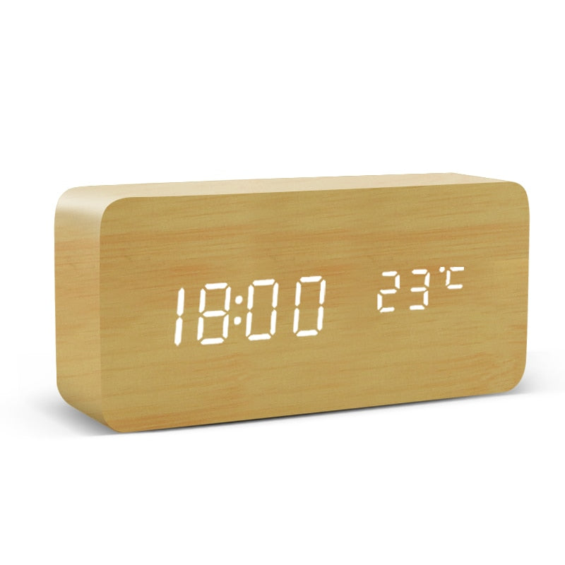 Réveil LED montre en bois Table commande vocale numérique bois Despertador USB/AAA alimenté horloges de bureau électroniques