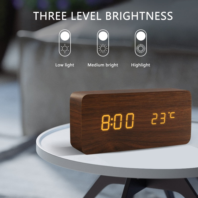 Réveil LED montre en bois Table commande vocale numérique bois Despertador USB/AAA alimenté horloges de bureau électroniques