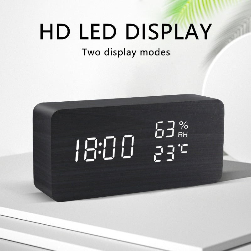 Réveil LED montre en bois Table commande vocale numérique bois Despertador USB/AAA alimenté horloges de bureau électroniques